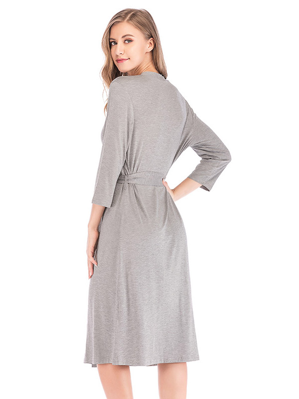 Grey V Neck 3/4 Sleeves Nightgown with Belt