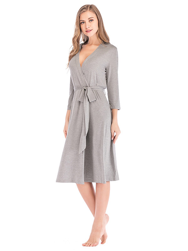 Grey V Neck 3/4 Sleeves Nightgown with Belt