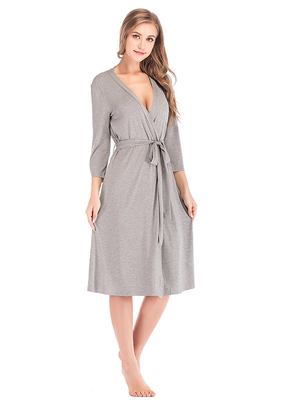 Grey V Neck 3/4 Sleeves Nightgown with Belt