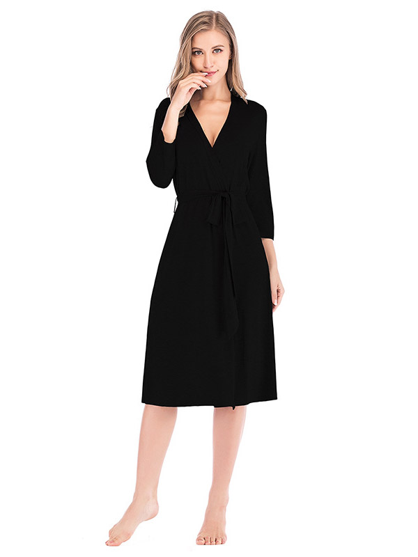 Black V Neck 3/4 Sleeves Nightgown with Belt