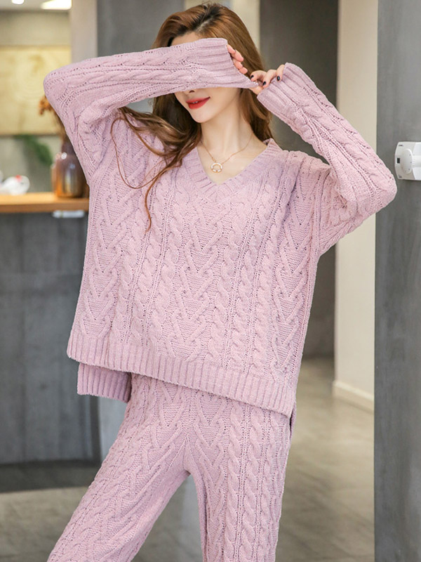 Pink V Neck Cable Knitted Set