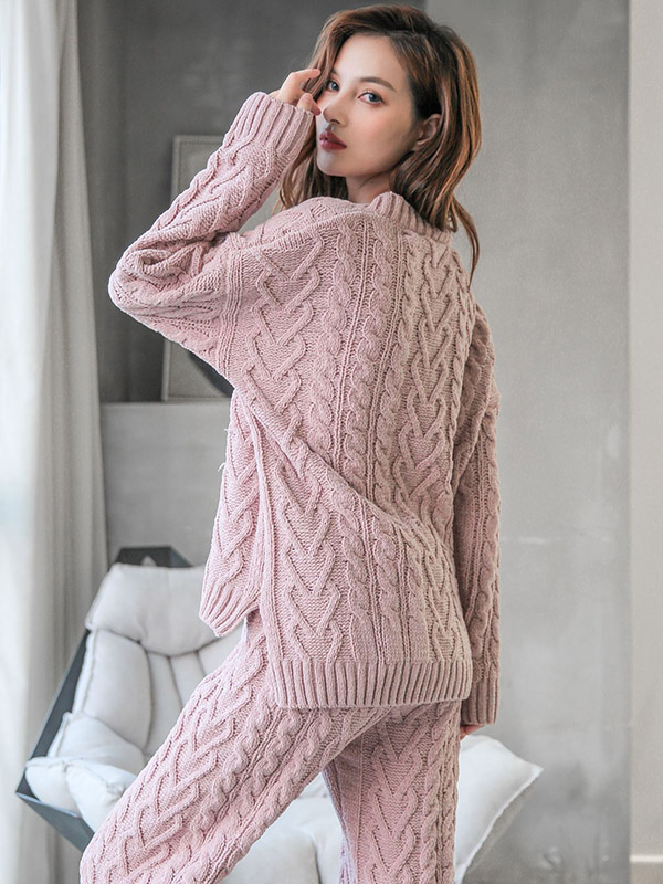 Pink V Neck Cable Knitted Set