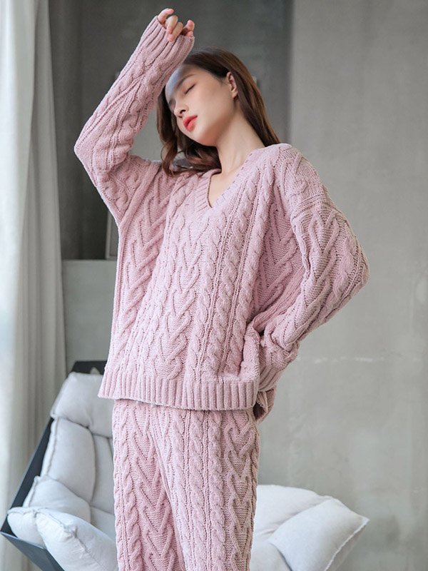 Pink V Neck Cable Knitted Set