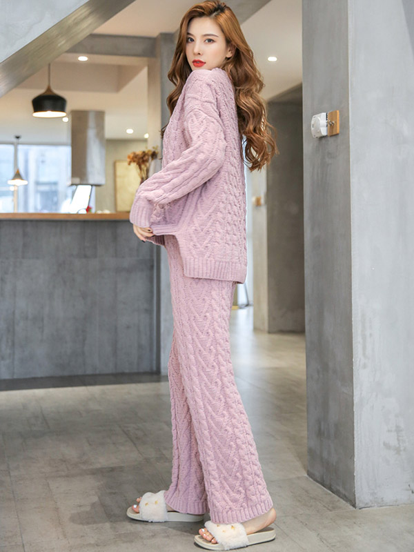 Pink V Neck Cable Knitted Set