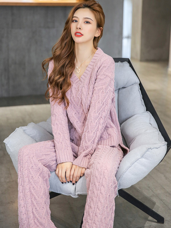 Pink V Neck Cable Knitted Set