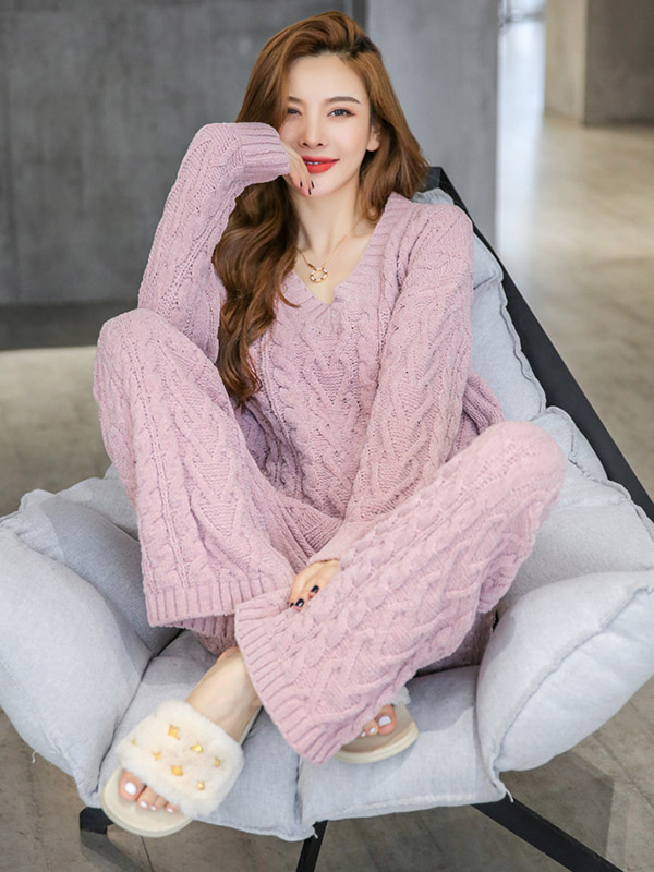 Pink V Neck Cable Knitted Set