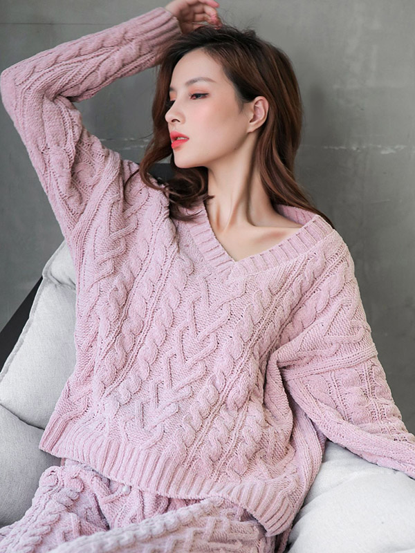 Pink V Neck Cable Knitted Set