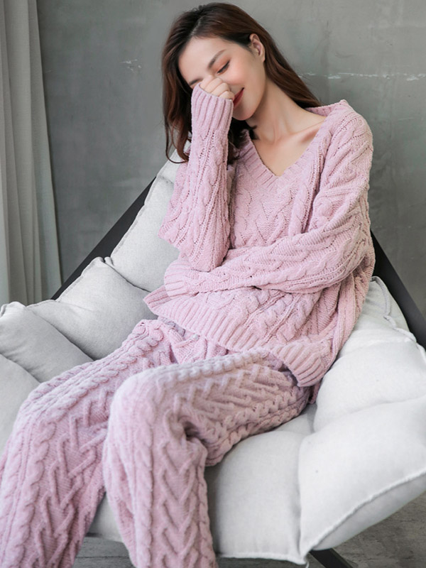 Pink V Neck Cable Knitted Set