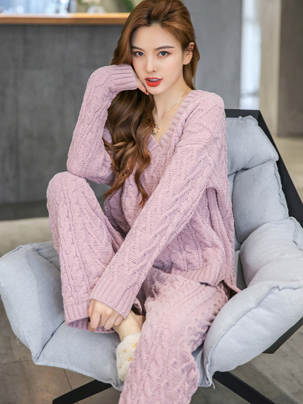 Pink V Neck Cable Knitted Set