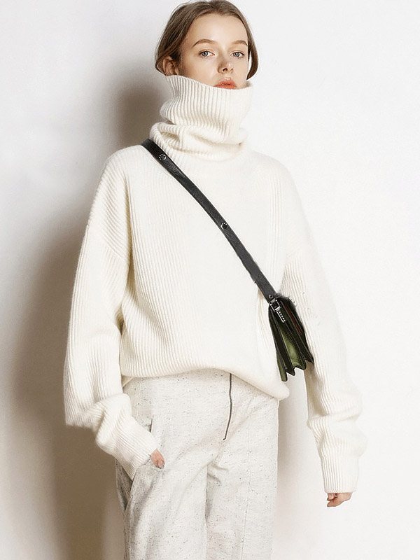 White Oversize Turtleneck Knit Sweaters