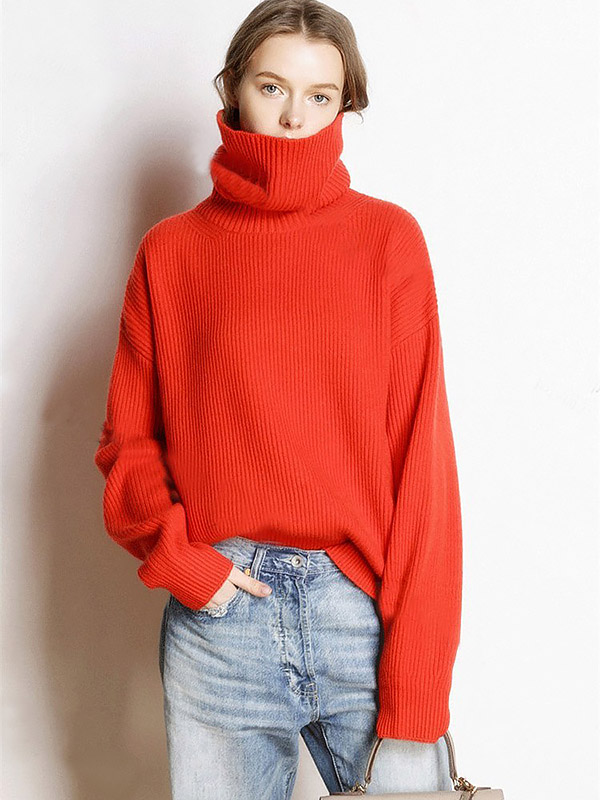 Red Oversize Turtleneck Knit Sweaters