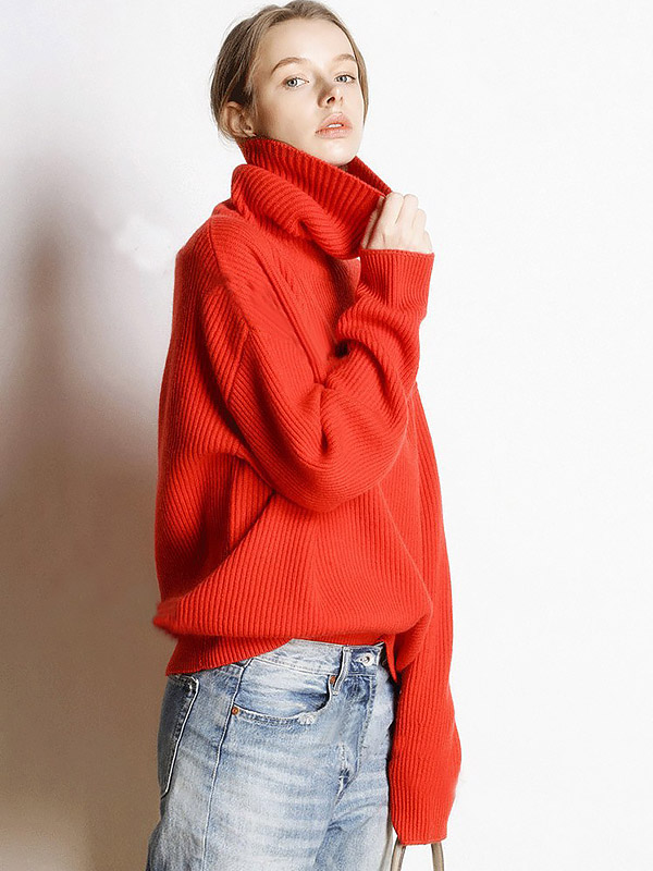 Red Oversize Turtleneck Knit Sweaters