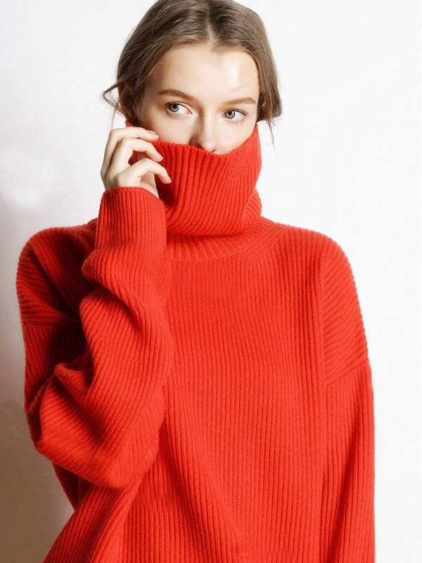 Red Oversize Turtleneck Knit Sweaters