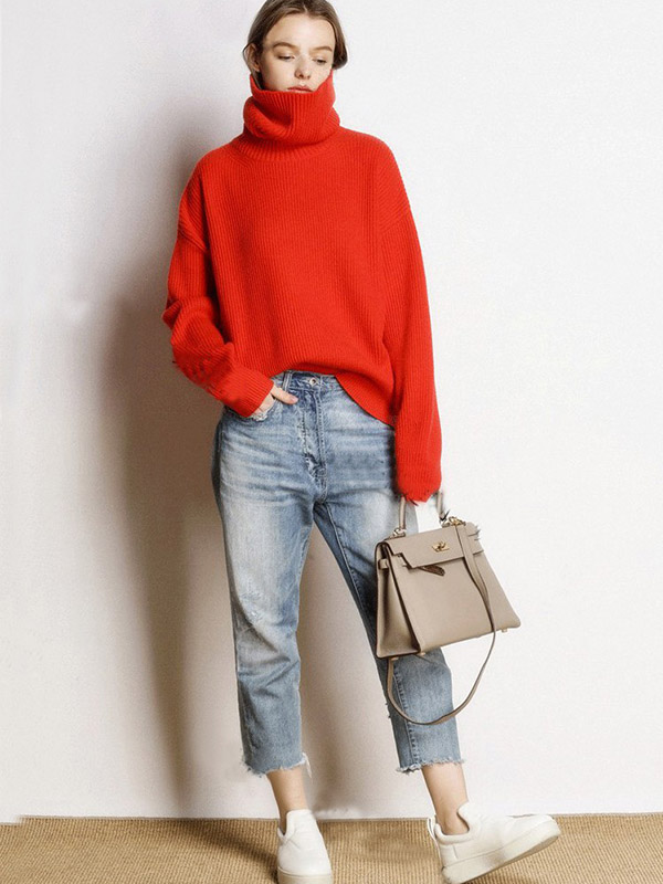 Red Oversize Turtleneck Knit Sweaters