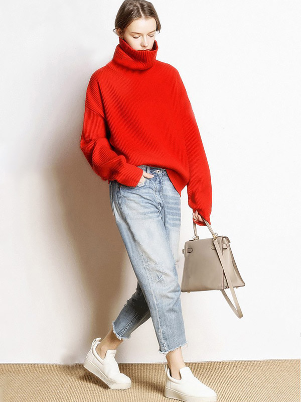 Red Oversize Turtleneck Knit Sweaters