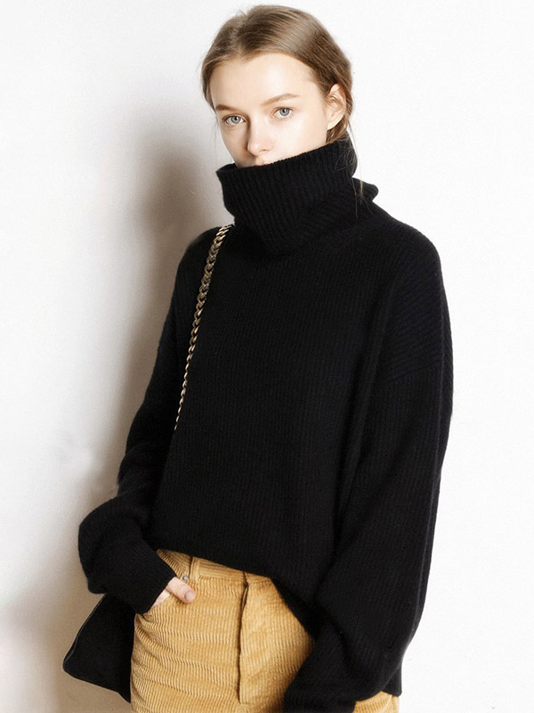 Black Oversize Turtleneck Knit Sweaters