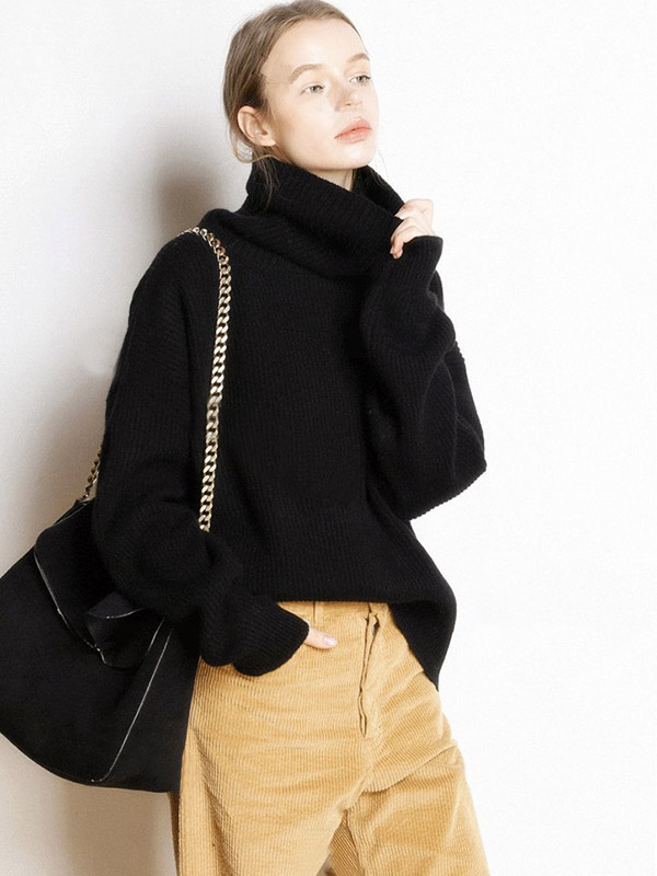 Black Oversize Turtleneck Knit Sweaters