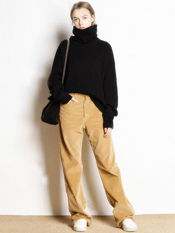 Black Oversize Turtleneck Knit Sweaters