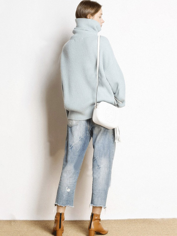 Blue Oversize Turtleneck Knit Sweaters