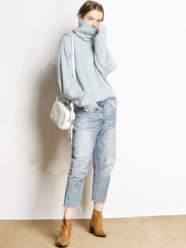 Blue Oversize Turtleneck Knit Sweaters