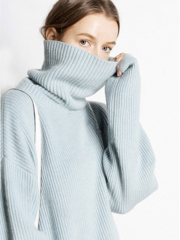 Blue Oversize Turtleneck Knit Sweaters