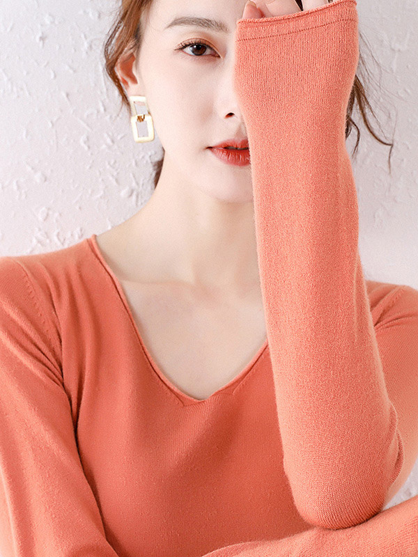 Orange V-neck Slim Knit Sweaters