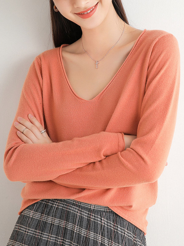 Orange V-neck Slim Knit Sweaters