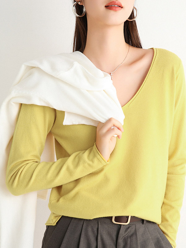 Green V-neck Slim Knit Sweaters