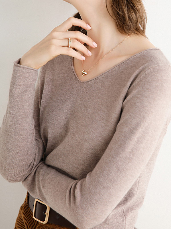 Khaki V-neck Slim Knit Sweaters