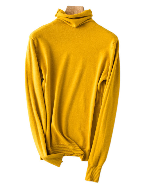 Yellow Funnel Neck Solid Color Knitted Sweaters