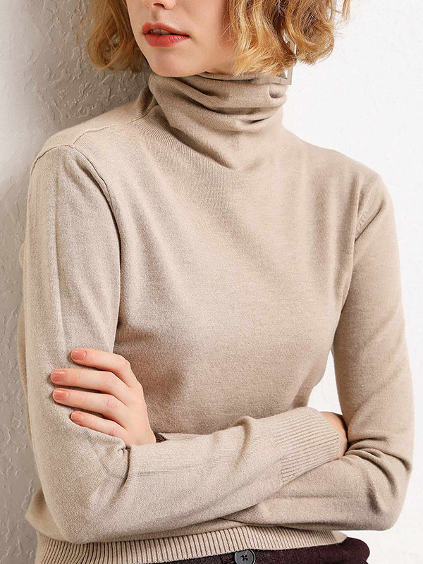 Camel Funnel Neck Solid Color Knitted Sweaters