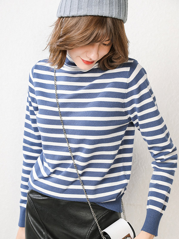 Blue Casual Knit Sweaters With Stripes