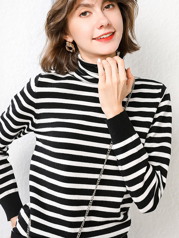 Black Casual Knit Sweaters With Stripes