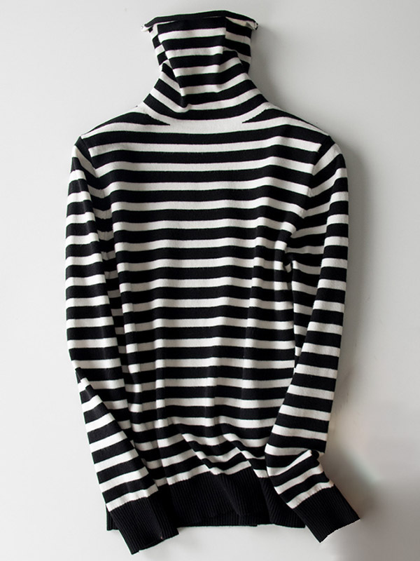 Black Casual Knit Sweaters With Stripes