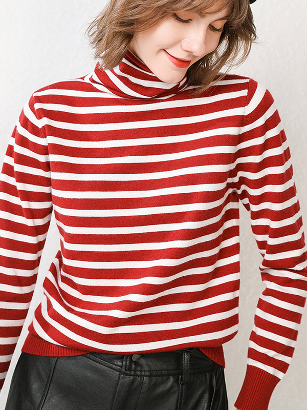 Red Casual Knit Sweaters With Stripes