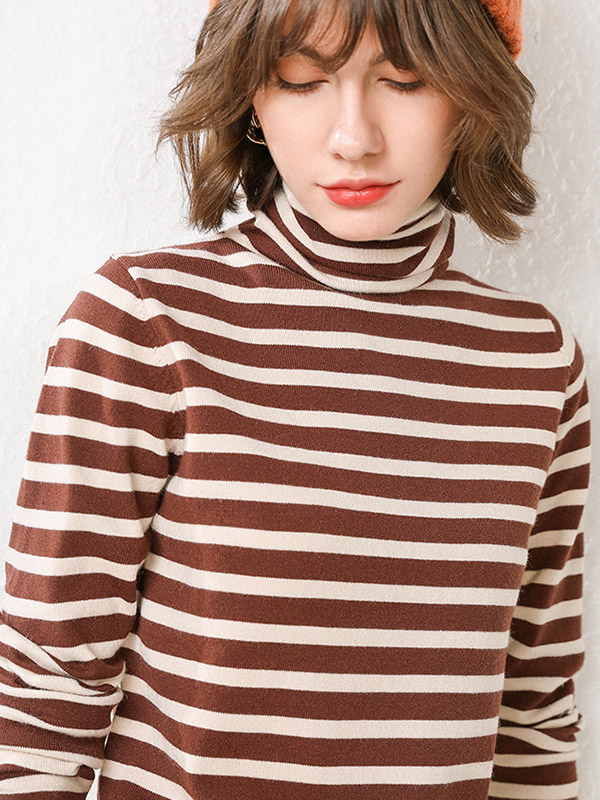 Brown Casual Knit Sweaters With Stripes