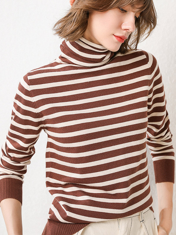 Brown Casual Knit Sweaters With Stripes