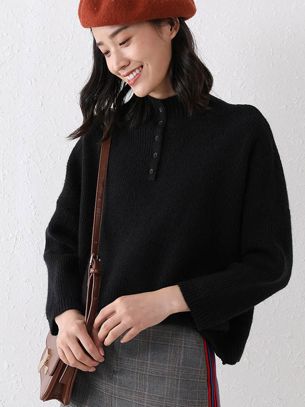 Black Stand Collar Knit Sweaters With Buttons