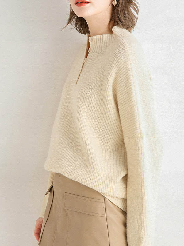 Apricot Stand Collar Knit Sweaters With Buttons