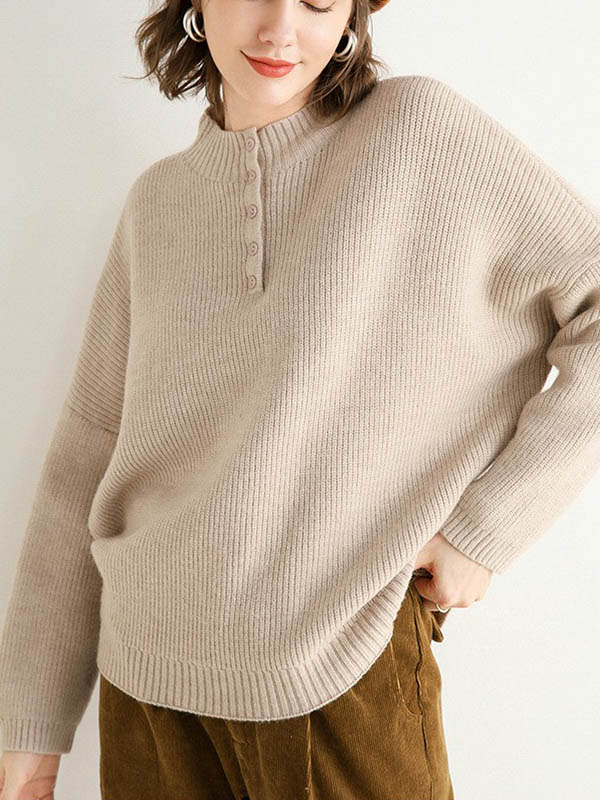 Khaki Stand Collar Knit Sweaters With Buttons