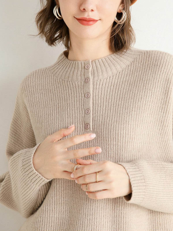 Khaki Stand Collar Knit Sweaters With Buttons