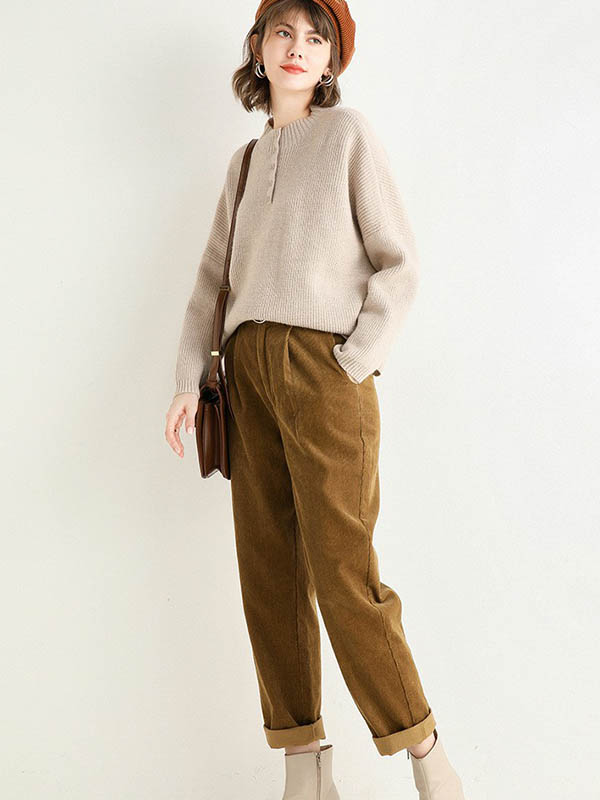 Khaki Stand Collar Knit Sweaters With Buttons