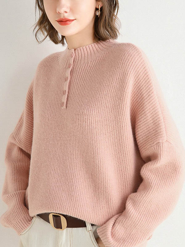 Pink Stand Collar Knit Sweaters With Buttons