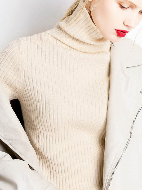 Beige Funnel Neck Base Medium Knitted Sweaters