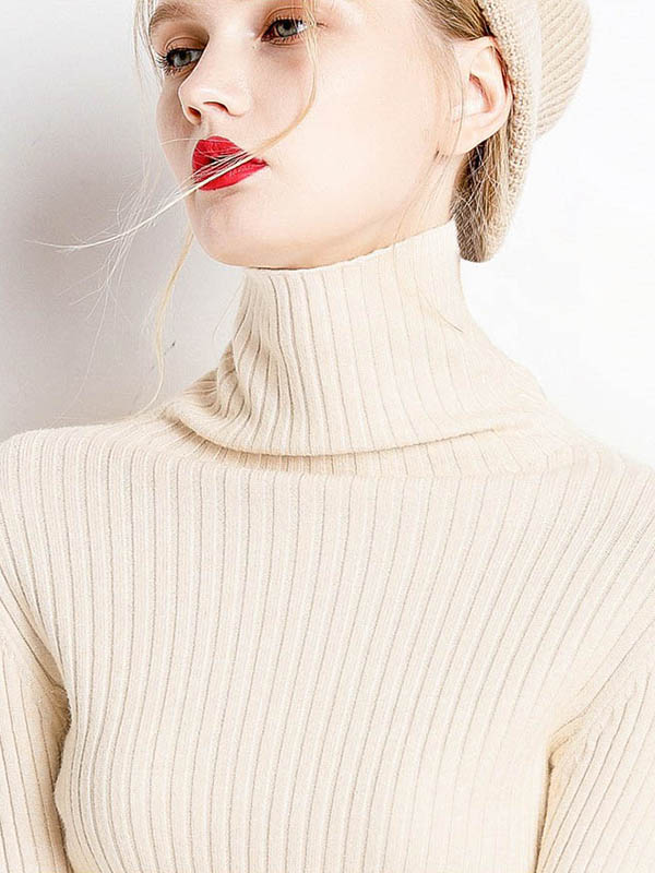 Beige Funnel Neck Base Medium Knitted Sweaters