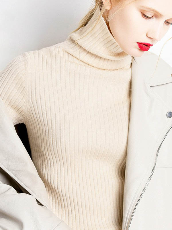 Beige Funnel Neck Base Medium Knitted Sweaters