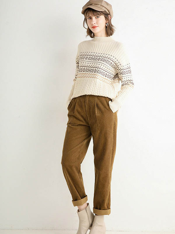 Apricot Stand Collar Geometry Pattern Knit Sweaters