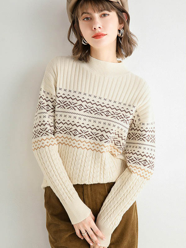 Apricot Stand Collar Geometry Pattern Knit Sweaters