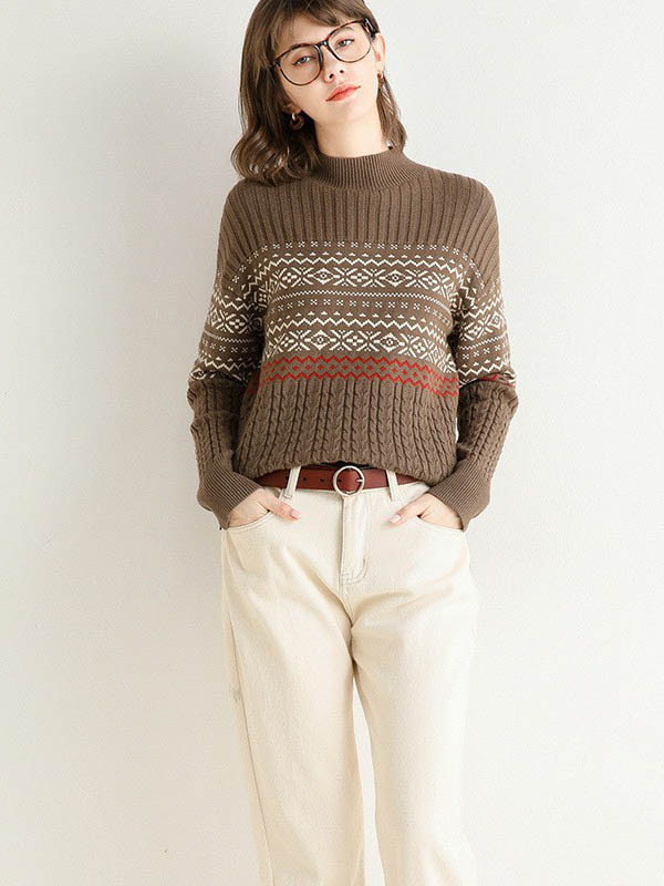 Camel Stand Collar Geometry Pattern Knit Sweaters