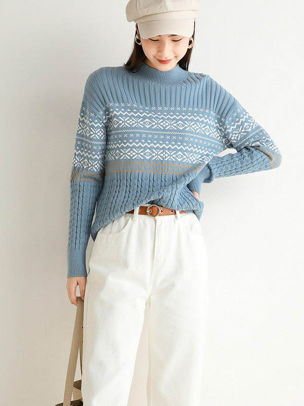 Blue Stand Collar Geometry Pattern Knit Sweaters